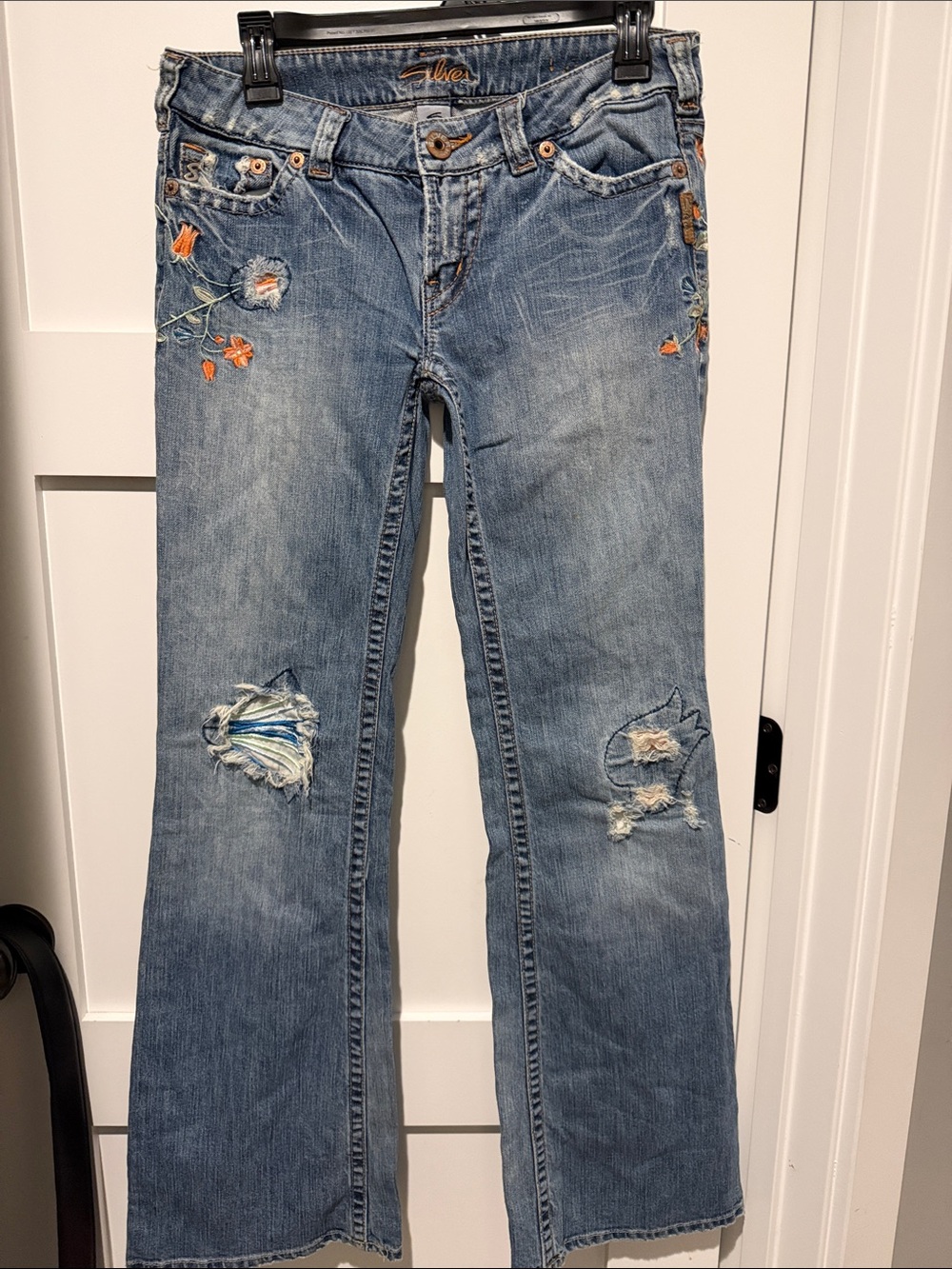 Silver Jeans Light Blue Embroidered Distressed Wide Leg Jeans